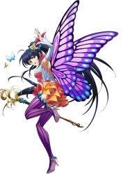 Rule 34 | 1girl, backless outfit, blue hair, bug, butterfly, butterfly wings, detached sleeves, floating hair, flower, full body, hair flower, hair ornament, high heels, highres, holding, holding staff, insect, insect wings, jessica (langrisser), langrisser, layered skirt, leg up, long hair, long sleeves, miniskirt, official art, ponytail, purple thighhighs, rose, skirt, solo, staff, striped clothes, striped thighhighs, thighhighs, transparent background, vertical-striped clothes, vertical-striped thighhighs, very long hair, white sleeves, wings, yellow flower, yellow rose, zettai ryouiki