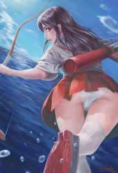 Rule 34 | 10s, 1girl, absurdres, akagi (kancolle), artist name, ass, blue sky, bow (weapon), brown eyes, brown hair, day, water drop, flight deck, from behind, highres, holding, holding weapon, japanese clothes, kantai collection, lips, long hair, looking at viewer, looking back, miniskirt, murasaki-sin, ocean, outdoors, panties, parted lips, pleated skirt, profile, quiver, running, signature, skirt, sky, solo, splashing, underwear, water, water drop, weapon, white panties