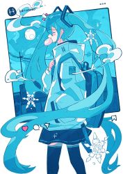 Rule 34 | 1girl, absurdres, backpack, bag, baozi, blue eyes, blue hair, blue theme, commentary, eating, food, from side, hair ornament, hand in pocket, haru57928031, hatsune miku, highres, instagram, jacket, long hair, mouth hold, snowflakes, solo, spring onion, translated, twintails, very long hair, vocaloid, walking, whorled clouds, yuki miku