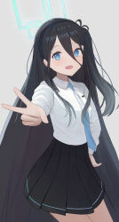 Rule 34 | 1girl, absurdres, aris (blue archive), black hair, blue archive, blue eyes, blush, collared shirt, commentary, grey background, hairband, halo, hand on own hip, highres, kumare yuki, long bangs, long hair, long sleeves, looking at viewer, necktie, one side up, open mouth, pleated skirt, shirt, skirt, smile, solo, v, very long hair