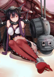 Rule 34 | 1girl, arm support, bare shoulders, black hair, boots, breasts, cleavage, elbow gloves, fingerless gloves, gloves, hair between eyes, high heel boots, high heels, highres, kantai collection, large breasts, long hair, looking at viewer, midriff, nagato (kancolle), red eyes, red thighhighs, rigging, shijie jianfa, skirt, smile, solo, thigh boots, thighhighs, thighs, turret, white skirt