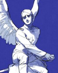 Rule 34 | angel, angel wings, blue background, blue theme, boots, chengongzi123, closed mouth, commentary, english commentary, feathered wings, golden kamuy, holding, holding sword, holding weapon, jacket, koito otonoshin, long sleeves, looking to the side, military uniform, monochrome, pants, sheath, sheathed, short hair, simple background, spread wings, sword, uniform, very short hair, weapon, wings