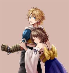 Rule 34 | 1boy, 1girl, blonde hair, brown hair, commentary request, detached sleeves, closed eyes, final fantasy, final fantasy x, gloves, hair ornament, hakama, hakama skirt, japanese clothes, jewelry, open mouth, sasanomesi, short hair, simple background, skirt, smile, square enix, tidus, yuna