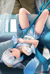 Rule 34 | 1girl, bare legs, blue hair, blush, braid, choker, closed mouth, commentary request, curtains, dress, fins, fish tail, gawr gura, gawr gura (party dress), gradient dress, holding, holding polearm, holding weapon, hololive, hololive english, indoors, looking at viewer, mujinbensin, multicolored hair, polearm, shark tail, short hair, silver hair, solo, streaked hair, tail, trident, upside-down, virtual youtuber, weapon, white dress, yellow choker