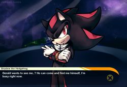 Rule 34 | 1boy, animal ears, artist name, black hair, character name, crossed arms, earth (planet), english text, furry, furry male, gloves, grin, looking at viewer, male focus, multicolored hair, planet, red eyes, red hair, shadow the hedgehog, sideways mouth, smile, solo, sonic (series), space, spacecolonie, standing, tail, talking, teeth, text focus, tumblr username, two-tone hair, watermark, white gloves