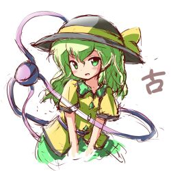 Rule 34 | 1girl, black hat, blouse, blush, bow, buttons, cropped legs, diamond button, eyeball, frilled shirt collar, frilled sleeves, frills, green eyes, green skirt, hat, hat bow, hat ribbon, komeiji koishi, leaning to the side, light green hair, light smile, looking at viewer, medium hair, open mouth, ribbon, ryogo, shirt, short sleeves, simple background, sketch, skirt, solo, third eye, touhou, wavy hair, white background, yellow bow, yellow ribbon, yellow shirt