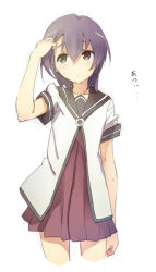 Rule 34 | 1girl, adjusting hair, arm at side, arm up, black hair, brown eyes, closed mouth, collarbone, cowboy shot, cropped legs, dot nose, dress, expressionless, funami yui, hair between eyes, tucking hair, hand in own hair, hot, looking up, miz, nanamori school uniform, pleated dress, sailor collar, sailor dress, school uniform, serafuku, short hair, short sleeves, simple background, sleeve cuffs, sleeves pushed up, solo, sweat, white background, yuru yuri