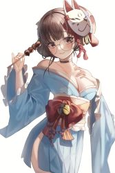 Rule 34 | 1girl, bare shoulders, bell, black choker, black survival, blue kimono, bow, breasts, brown hair, choker, cleavage, closed mouth, cowboy shot, eternal return: black survival, fox mask, glasses, gyogyog, hair ornament, hand on own chest, hands up, highres, holding, japanese clothes, jingle bell, kimono, large breasts, long sleeves, looking at viewer, mask, mask on head, obi, off shoulder, red bow, red eyes, round eyewear, sash, short hair, short kimono, side slit, simple background, smile, solo, standing, suzuki aya, tassel, white background, wide sleeves
