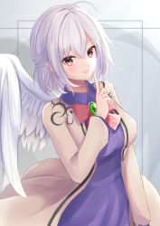 Rule 34 | 1girl, absurdres, ahoge, angel wings, blush, bow, bowtie, breasts, brooch, collar, commentary request, dress, eyelashes, feathered wings, feathers, finger to mouth, fingernails, gem, green gemstone, hair between eyes, hand up, highres, jacket, jewelry, kishin sagume, long sleeves, looking at viewer, medium breasts, niko kusa, open clothes, open jacket, purple dress, red bow, red bowtie, red eyes, short dress, short hair, single wing, smile, solo, touhou, white background, wings
