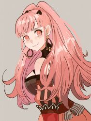 Rule 34 | 1girl, bare shoulders, black dress, blunt bangs, blush, breasts, chimney (chimney0311), closed mouth, commentary, dress, earrings, female focus, fire emblem, fire emblem: three houses, gloves, grey background, highres, hilda valentine goneril, hoop earrings, jewelry, large breasts, long hair, looking at viewer, matching hair/eyes, nintendo, pink dress, pink eyes, pink hair, red gloves, simple background, smile, solo, two-tone dress, very long hair