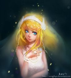Rule 34 | 1girl, artist name, blonde hair, blue eyes, bracelet, dress, highres, jewelry, league of legends, long hair, lux (league of legends), nail polish, necklace, pearl necklace, ring, smile, solo, songjikyo, wedding dress, white dress, yellow nails
