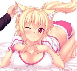 Rule 34 | 1girl, all fours, animal ear fluff, animal ears, ass, barefoot, blonde hair, blush, breasts, cat ears, cat tail, cleavage, collarbone, commentary, dimples of venus, english commentary, highres, large breasts, long hair, looking at viewer, nottytiffy, one eye closed, original, patreon username, red eyes, shorts, simple background, slit pupils, smile, solo focus, tail, tiffy (nottytiffy), watermark, web address