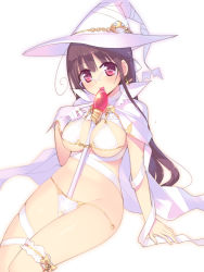 Rule 34 | 1girl, :p, ahoge, arima senne, between breasts, bikini, blush, breasts, brown hair, cleavage, earrings, glasses, gloves, hat, jewelry, kashiwamochi yomogi, large breasts, long hair, looking at viewer, original, red eyes, simple background, single glove, sitting, smile, solo, staff, swimsuit, tongue, tongue out, white bikini, witch hat