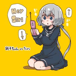 Rule 34 | 1girl, :o, blue eyes, blue ribbon, blue sailor collar, blush, cellphone, es (eisis), flip phone, grey hair, hair ribbon, highres, holding, holding phone, konno junko, long hair, long sleeves, low twintails, orange background, parted lips, phone, ribbon, sailor collar, simple background, siri (apple), sitting, solo, sound effects, speech bubble, sweat, translation request, twintails, zombie land saga