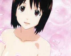 Rule 34 | 00s, 1girl, brown eyes, brown hair, cherry blossoms, nakahara misaki, nhk ni youkoso!, non-web source, nude, out-of-frame censoring, scan, short hair, smile, solo