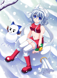 Rule 34 | 1girl, bare shoulders, blue eyes, boots, fuji tooya, hat, letty whiterock, miniskirt, navel, santa boots, santa costume, silver hair, skirt, sleeveless, snowman, solo, thighhighs, touhou, white thighhighs