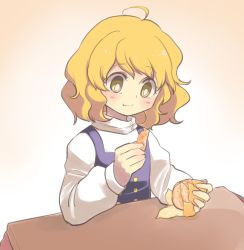 Rule 34 | 1girl, ahoge, bad id, bad twitter id, blonde hair, blush, bright pupils, closed mouth, commentary request, eating, food, fruit, gradient background, holding, kirisame marisa, kotatsu, long sleeves, mandarin orange, pink background, puffy long sleeves, puffy sleeves, purple vest, sasa kichi, short hair, solo, table, touhou, vest, yellow eyes