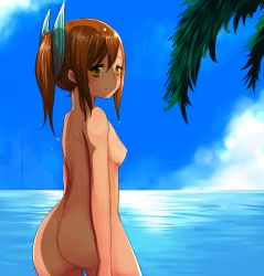 Rule 34 | 10s, 1girl, ass, beach, blush, breasts, brown hair, day, han (jackpot), i-401 (kancolle), kantai collection, light areolae, looking at viewer, nipples, nude, ocean, personification, ponytail, short hair, small breasts, smile, solo, yellow eyes