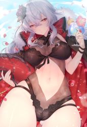 Rule 34 | 1girl, azur lane, black flower, black one-piece swimsuit, blue sky, bracelet, breasts, cameltoe, cleavage, clothing cutout, cloud, coat, comic, crossed bangs, cup, day, drinking glass, flower, fur-trimmed coat, fur trim, gluteal fold, graf zeppelin (azur lane), graf zeppelin (beachside urd) (azur lane), groin, hair between eyes, hair flower, hair ornament, hand up, holding, holding cup, holding drinking glass, jacket, jacket on shoulders, jewelry, large breasts, light particles, long hair, looking at viewer, machinery, messy hair, midriff, navel, navel cutout, one-piece swimsuit, parted lips, petals, red eyes, revealing clothes, rigging, see-through, sidelocks, silver hair, sitting, skindentation, sky, solo, sourenkio, stomach, swimsuit, tropical drink, wind, wrist straps