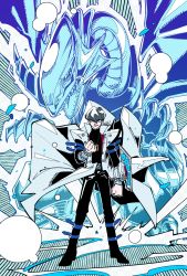 Rule 34 | 1boy, belt buckle, black pants, black shirt, blue-eyes white dragon, buckle, buttons, clenched hands, coat, commentary request, duel disk, duel monster, full body, grey hair, highres, jewelry, kaiba seto, looking at viewer, male focus, necklace, open clothes, open coat, pants, parted lips, sakaikurinea, shirt, short hair, smile, standing, strap, white coat, yu-gi-oh!