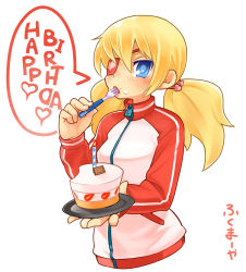 Rule 34 | 1girl, blonde hair, blue eyes, blush, cake, candle, character request, commentary request, copyright request, cropped torso, eyepatch, food, food on face, fork, fukumaaya, hair between eyes, highres, holding, holding fork, holding plate, long hair, long sleeves, looking at viewer, open mouth, plate, sidelocks, simple background, solo, speech bubble, translation request, twintails, upper body, white background, zipper, zipper pull tab
