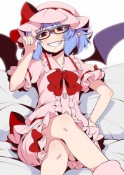 Rule 34 | 1girl, :d, adapted costume, adjusting eyewear, bat wings, bed sheet, bespectacled, blue hair, blush, bow, bowtie, brown-framed eyewear, center frills, commentary request, crossed legs, eichi yuu, fangs, foreshortening, frilled shirt collar, frilled sleeves, frills, glasses, grin, hair between eyes, hand on own hip, hat, hat ribbon, head tilt, looking at viewer, mob cap, open mouth, pajamas, pillow, pink hat, pointy ears, puffy short sleeves, puffy sleeves, purple wings, red bow, red bowtie, red eyes, red ribbon, remilia scarlet, ribbon, short hair, short sleeves, sitting, smile, solo, teeth, touhou, tsurime, wings