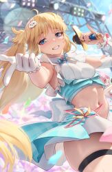 Rule 34 | 1girl, absurdres, ahoge, artoria caster (fate), artoria pendragon (fate), bare shoulders, blonde hair, blue eyes, blue sky, blush, breasts, confetti, fate/grand order, fate (series), grin, highres, idol, long hair, looking at viewer, microphone, padoruu, sky, small breasts, smile, solo, stage, thighs, twintails