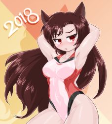 Rule 34 | 1girl, 2018, animal ears, arms behind back, black hair, competition swimsuit, cowboy shot, imaizumi kagerou, long hair, looking at viewer, one-piece swimsuit, red eyes, shadow, solo, swimsuit, touhou, white one-piece swimsuit, winn, wolf ears