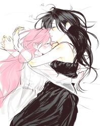 Rule 34 | 0820 lakia, 2girls, bare arms, black dress, black hair, closed eyes, closed mouth, commentary request, cuddling, dress, highres, korean commentary, long hair, long sleeves, lying, multiple girls, on side, original, parted lips, pink hair, see-through clothes, see-through sleeves, simple background, sleeping, sleeveless, sleeveless dress, white background, white dress, yuri