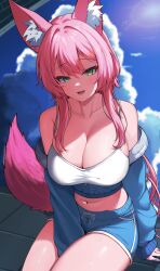 Rule 34 | 1girl, absurdres, animal ear fluff, animal ears, blue shorts, blue sky, blurry, blurry background, breasts, cleavage, cloud, collarbone, copyright request, crop top, dasi (kwts3227), day, fox girl, green eyes, highres, large breasts, midriff, navel, open mouth, outdoors, pink hair, shorts, sky, smile, solo, tail, virtual youtuber