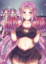 Rule 34 | 3girls, black skirt, blush, breasts, cheerleader, cleavage, cleavage cutout, closed mouth, clothing cutout, commentary request, covering own mouth, cowboy shot, embarrassed, euryale (fate), eyes visible through hair, facial mark, fate/grand order, fate (series), forehead mark, hairband, hand over own mouth, hands up, heart, large breasts, laughing, long hair, looking at viewer, medusa (fate), medusa (rider) (fate), midriff, multiple girls, navel, pleated skirt, pom pom (cheerleading), purple eyes, purple hair, siblings, sisters, skirt, standing, stheno (fate), suzunone rena, sweat, twins, twintails, very long hair
