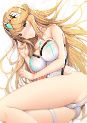 Rule 34 | 1girl, absurdres, akahito, bare shoulders, blonde hair, blush, breasts, choker, cleavage, closed mouth, collarbone, covered navel, embarrassed, eyes visible through hair, female focus, highres, large breasts, long hair, looking at viewer, lying, matching hair/eyes, mythra (radiant beach) (xenoblade), mythra (xenoblade), nintendo, one-piece swimsuit, solo, striped clothes, striped one-piece swimsuit, swimsuit, thigh strap, thighs, vertical-striped clothes, vertical-striped one-piece swimsuit, xenoblade chronicles (series), xenoblade chronicles 2, yellow eyes