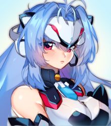 Rule 34 | 1girl, android, blue hair, breasts, chest jewel, closed mouth, forehead protector, gem, glowing crystal, kos-mos, kos-mos re:, large breasts, long hair, red eyes, simple background, solo, very long hair, xenoblade chronicles (series), xenoblade chronicles 2, xenosaga, yagi (kyuhyun)