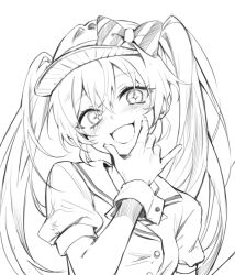 Rule 34 | 1girl, bow, buttons, dress, greyscale, hair bow, hand up, hatsune miku, long hair, looking at viewer, mesmerizer (vocaloid), monochrome, open mouth, puffy short sleeves, puffy sleeves, sharp teeth, short sleeves, smile, solo, sparkling eyes, striped bow, teeth, thumbnail surprise, tokkyu, twintails, upper body, very long hair, visor cap, vocaloid, wrist cuffs
