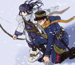 Rule 34 | 1boy, 1girl, ainu, ainu clothes, asirpa, belt pouch, boots, bow (weapon), cloak, commentary request, floating hair, from above, full body, fur cloak, golden kamuy, hat, headband, holding, holding bow (weapon), holding weapon, long hair, looking ahead, military hat, military uniform, on one knee, popogano, pouch, scar, scar on face, scarf, short hair, snowing, sugimoto saichi, uniform, weapon, white cloak