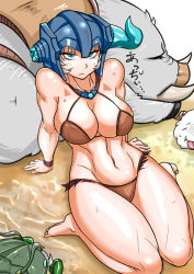 Rule 34 | 1girl, bare shoulders, barefoot, bikini, breasts, bristle, broken horn, brown bikini, cleavage, helmet, highres, horns, jewelry, large breasts, league of legends, looking at viewer, navel, necklace, rift scuttler, seiza, sejuani, short hair, silver hair, sitting, sweat, swimsuit, thick thighs, thighs, translation request, zei-minarai