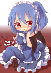Rule 34 | 1girl, alternate costume, alternate hairstyle, apron, backless outfit, bat wings, blue dress, blue hair, blush, broken cup, cup, dress, enmaided, fang, highres, kisa (k isa), looking at viewer, looking back, maid, maid apron, maid headdress, open mouth, ponytail, red eyes, remilia scarlet, sitting, solo, touhou, wariza, wings