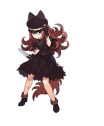 Rule 34 | 1girl, ark order, black bow, black capelet, black dress, black footwear, black gloves, black hat, blue eyes, boots, bow, brown hair, capelet, closed mouth, dagger, dress, full body, gloves, hat, hat with ears, holding, holding dagger, holding knife, holding weapon, juliet sleeves, knife, lock, long hair, long sleeves, looking at viewer, mtyy, official art, peaked cap, puffy sleeves, shaded face, solo, tachi-e, tail, transparent background, weapon, werewolf (ark order), wolf girl, wolf tail