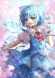 Rule 34 | 1girl, :d, blue bow, blue dress, blue eyes, blue hair, blurry, blurry background, bow, cirno, dress, gloves, hair bow, highres, ice, ice wings, index finger raised, looking at viewer, one-hour drawing challenge, open mouth, petals, shironeko yuuki, short hair, short sleeves, smile, solo, standing, touhou, white gloves, wings