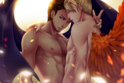 Rule 34 | 2boys, angel, angel wings, bishounen, blonde hair, brown eyes, brown hair, commentary, commission, couple, dark-skinned male, dark skin, demon, english commentary, facial hair, fantasy, freckles, hand on another&#039;s shoulder, interracial, looking at viewer, male focus, multiple boys, nude, original, toned, toned male, topless male, wings, yaoi, yeraa