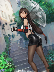 Rule 34 | 1girl, anson zheng, arm guards, artist name, ass, bare shoulders, black shorts, black skirt, blush, breasts, brown hair, brown pantyhose, cloud, cloudy sky, commentary request, earrings, elbow gloves, elbow pads, eyelashes, final fantasy, final fantasy vii, final fantasy vii remake, fingerless gloves, flower, gloves, hair between eyes, highres, holding, holding umbrella, hydrangea, jewelry, lips, long hair, looking away, low-tied long hair, medium breasts, nose, outdoors, pantyhose, pencil skirt, puddle, rain, red eyes, shirt, shorts, sidelocks, skirt, sky, smile, solo, square enix, suspender skirt, suspenders, swept bangs, tank top, taut clothes, taut shirt, thighs, tifa lockhart, transparent, transparent umbrella, umbrella, very long hair, water, wet, wet hair, wet shorts, white tank top