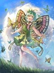 Rule 34 | 1girl, animal, antennae, aqua hair, barefoot, blush, bug, butterfly, butterfly wings, day, dress, eternity larva, fairy, green dress, hair between eyes, highres, insect, insect wings, kopi (user ajtn7422), leaf, leaf on head, multicolored clothes, multicolored dress, open mouth, short hair, short sleeves, signature, smile, solo, touhou, wings, yellow eyes