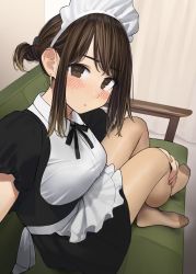 Rule 34 | 1girl, alternate costume, apron, black bow, black bowtie, blush, bow, bowtie, breasts, brown eyes, brown hair, brown pantyhose, commentary request, couch, crossed legs, curtains, douki-chan (douki-chan), enmaided, feet, ganbare douki-chan, hand on own knee, headdress, highres, indoors, looking at viewer, looking back, maid, maid apron, maid headdress, medium breasts, nail polish, no shoes, pantyhose, see-through, see-through legwear, selfie, short sleeves, sidelocks, sitting, solo, yomu (sgt epper)