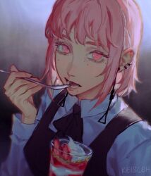 Rule 34 | 1girl, artist name, chainsaw man, dress, earrings, fami (chainsaw man), fourth east high school uniform, highres, holding, holding spoon, jewelry, keibleh, looking at viewer, mole, mole under eye, mole under mouth, multiple moles, pinafore dress, pink eyes, pink hair, ringed eyes, school uniform, short hair, sleeveless dress, solo, spoon, strawberry parfait, tassel, tassel earrings