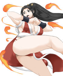 Rule 34 | 1girl, ass, black eyes, black hair, breasts, cleavage, fatal fury, female focus, fire, large breasts, long hair, matching hair/eyes, ninja, open mouth, ponytail, revealing clothes, shiranui mai, sideboob, solo