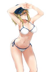 Rule 34 | 1girl, armpits, arms up, artoria pendragon (fate), baseball cap, bikini, blonde hair, blue eyes, breasts, cleavage, fate/grand order, fate (series), hat, highres, large breasts, mysterious heroine x (fate), mysterious heroine xx (fate), ponytail, smile, solo, swimsuit, yonyon (yotayota honpo)