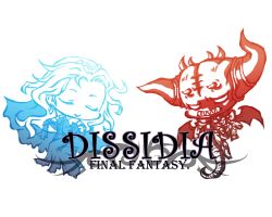 Rule 34 | 1boy, 1girl, chaos (dff), chibi, commentary, cosmos (dff), dissidia final fantasy, dress, closed eyes, fangs, final fantasy, horns, lowres, nigou (equal1014), parody, tail, wings