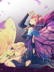 Rule 34 | 2girls, blue eyes, butterfly wings, closed eyes, fairy, fairy wings, fire emblem, fire emblem heroes, gradient clothes, gradient flower, hair vines, highres, insect wings, lap pillow, leaf bracelet, multiple girls, nintendo, nishimura (shinchinagachi), peony (fire emblem), plant, plant hair, siblings, sisters, sleeping, triandra (fire emblem), vines, wings