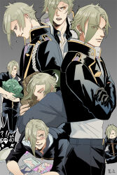 Rule 34 | 1boy, belt, black belt, black gloves, black jacket, black pants, blush, cabbage, commentary request, crossed arms, dated commentary, eyes visible through hair, gloves, green hair, grey background, hair between eyes, hair over one eye, hizamaru (touken ranbu), holding, jacket, long sleeves, male focus, manga (object), military, military uniform, multiple views, pants, shirt, shirt tucked in, short hair, signature, simple background, touken ranbu, uniform, upper body, white shirt, yellow eyes, zi tsas
