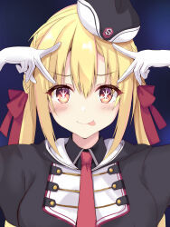 Rule 34 | 1girl, :p, absurdres, arihara nanami, black hat, black jacket, blonde hair, blue background, blush, braid, breasts, chromatic aberration, closed mouth, commentary, double-parted bangs, double v, eyelashes, eyes visible through hair, garrison cap, gloves, hair between eyes, hair ribbon, hands up, hat, highres, hood, hood down, hooded jacket, hoshino ai&#039;s pose, jacket, large breasts, long hair, looking at viewer, low twintails, military, military uniform, mini hat, necktie, pose imitation, purunyara, red eyes, red necktie, red ribbon, ribbon, riddle joker, side braids, simple background, smile, solo, star-shaped pupils, star (symbol), straight-on, straight hair, symbol-shaped pupils, tongue, tongue out, twintails, uniform, upper body, v, v-shaped eyebrows, v over head, white gloves